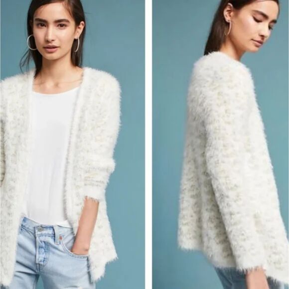 RAGA Cassidy LEOPARD Cardigan ANTHROPOLOGIE White Gold Eyelash Open Sweater - Picture 1 of 9